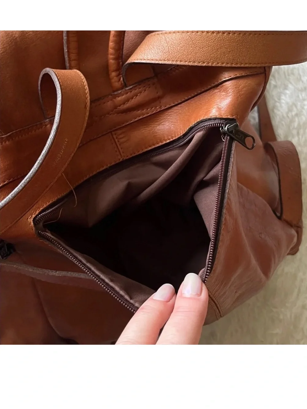 Cognac Brown Leather Backpack with Flap front & drawstring top